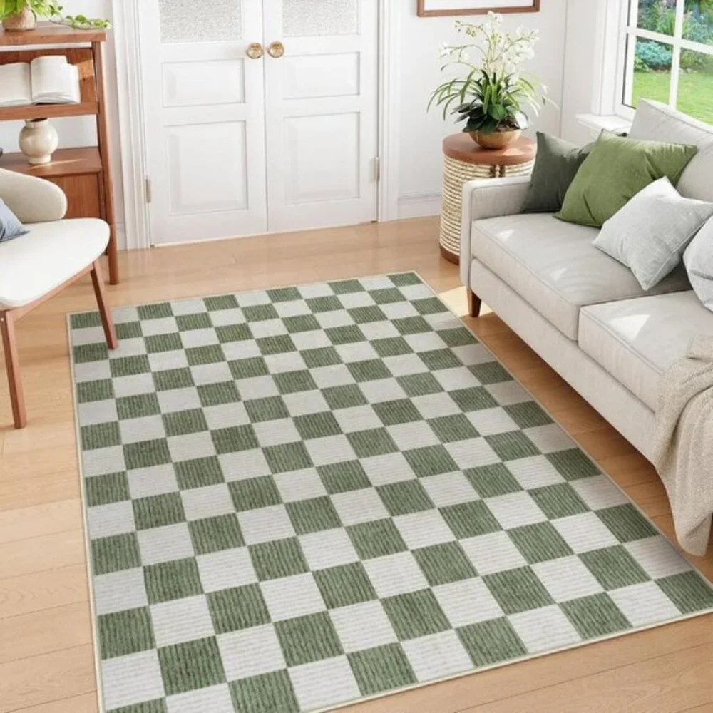 New 5x7 Green Checkered Area Rug, Washable Non-Slip Modern Carpet for Any Room